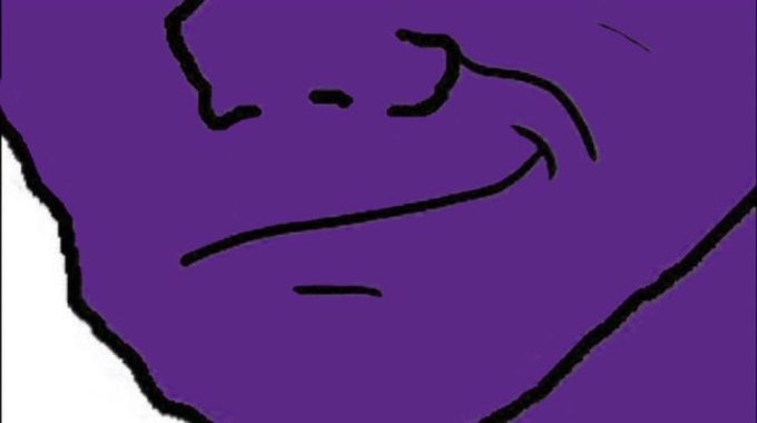 A simple purple cartoon drawing of a character with a sly, sideways smile.