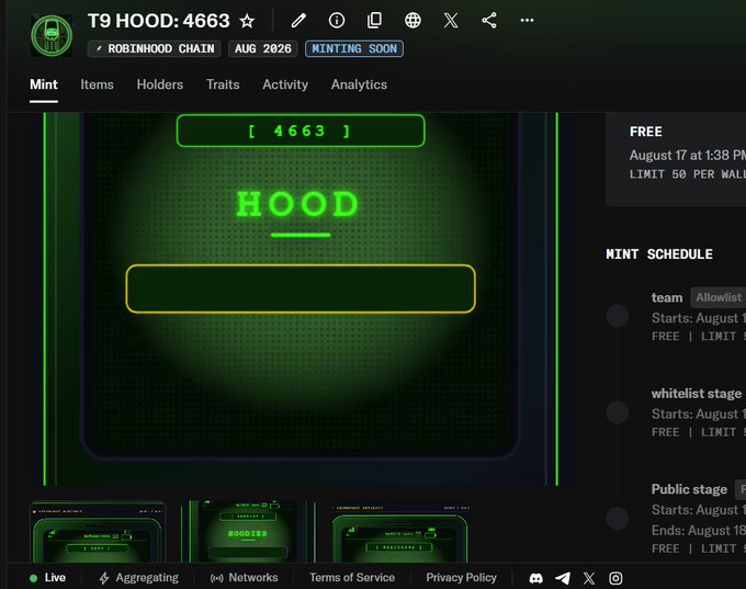The image shows an OpenSea NFT collection page for "T9 HOOD: 4663" on the Robinhood Chain, featuring a green-themed digital hood design with the number "[4663]" prominently displayed and "HOOD" text in the center. The listing indicates a free mint scheduled for August 17 at 1:38 PM with a 50-per-wallet limit, aligning with the post's announcement about an upcoming free mint on OpenSea for the T9 NFT collection numbered 4663.