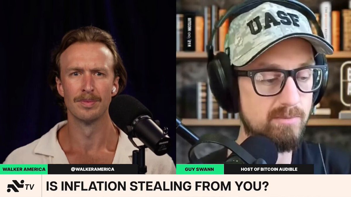The image depicts two men talking at the top center part of a radio show podcast with microphones. They are likely discussing the concept of the U.S. dollar inflation and the mechanics behind such collapse, as they are surrounded by multiple books suggesting this might be an educational or historical topic being discussed. The hosts are also wearing hats on their heads for the discussion to appear more engaged in what's being said.