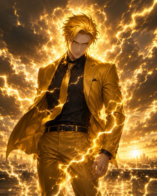 The image features a man dressed in a suit, standing against a backdrop of a city skyline with bright lights illuminating the scene. The man appears to be wearing a gold tie, which adds an element of luxury and elegance to his appearance. The sky above him is filled with lightning bolts, creating a dramatic and intense atmosphere.