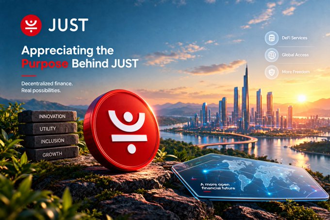 A promotional banner for 'JUST' cryptocurrency featuring a red coin with a logo, the headline 'Appreciating the Purpose Behind JUST', and features like DeFi Services, Global Access, and More Freedom against a city skyline.