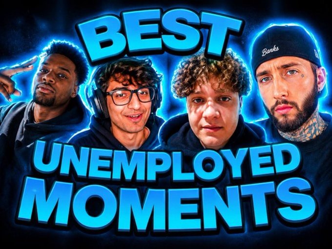 A YouTube thumbnail titled "BEST UNEMPLOYED MOMENTS" featuring four men, including one wearing a beanie with "Banks" on it, set against a glowing blue background.
