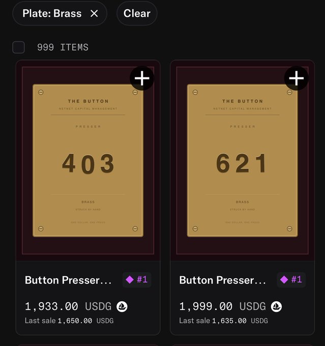 Screenshot of an NFT marketplace showing two brass plates labeled 'THE BUTTON' by NETNET Capital Management Presser, numbered 403 and 621, listed for 1,933.00 and 1,999.00 USDG respectively.