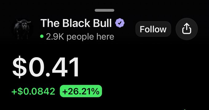 A profile page for 'The Black Bull' showing a verified account with 2.9K people, displaying a token price of $0.41 with a 24-hour gain of +$0.0842 (+26.21%).