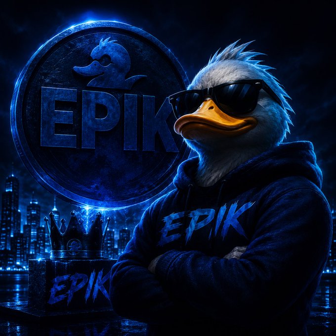 A digital artwork features a cool-looking duck wearing sunglasses and a dark blue "EPIK" hoodie standing next to a large glowing blue "EPIK" coin and crown logo against a cityscape backdrop.