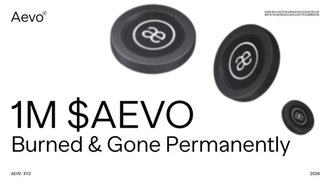 The image shows a promotional graphic featuring the Aevo logo and three black coin tokens with the Aevo "ae" symbol, with bold text reading "1M $AEVO Burned & Gone Permanently" alongside a transaction hash. It illustrates the accompanying post's announcement that 1 million AEVO tokens have been bought back and permanently burned as part of Aevo's deflationary tokenomics funded by trading fees from Options and PERPS+ products.