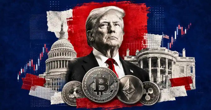This image visually represents the upcoming White House meeting concerning cryptocurrency policy, featuring Donald Trump, the Capitol, the White House, and prominent coins like Bitcoin and Ethereum, set against a backdrop of stock market charts. The visuals directly relate to the post's announcement of a significant US crypto policy event involving the White House and key regulators.