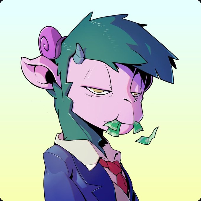 A digital illustration of a purple-skinned humanoid character with green hair, pointy ears, a small horn, and dollar bills in its mouth, wearing a suit and red tie.