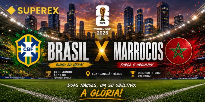The image shows a poster for a soccer game between Brazil and Morocco, with a city skyline in the background. The text on the poster indicates that the game will be held at the Super Rex stadium and that there are two prizes available for those who can correctly predict the outcome of the match. The post also mentions that the winning team will receive 30 US dollars as a reward.