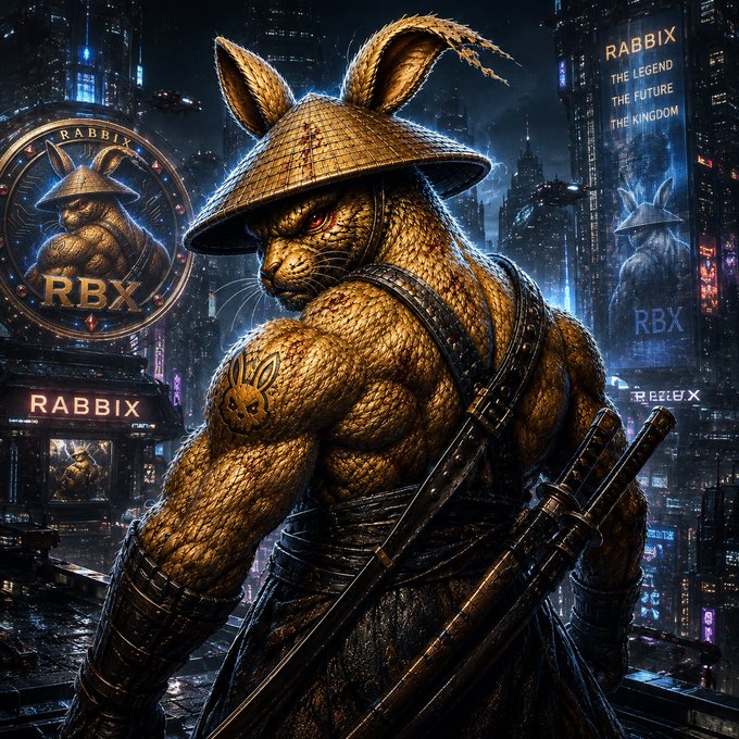 A muscular anthropomorphic rabbit warrior in a straw samurai hat stands overlooking a neon-drenched cyberpunk cityscape, with "RABBIX," "RBX," and "THE LEGEND / THE FUTURE / THE KINGDOM" displayed on billboards—visually reinforcing the post's message that RBX is a bold, enduring force building its own future.