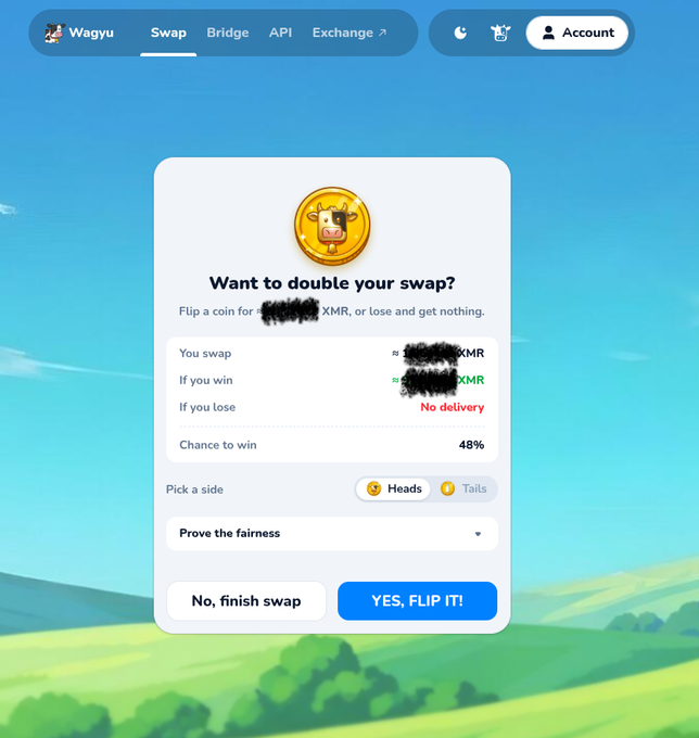A Wagyu Swap interface prompts "Want to double your swap?" with a coin flip for XMR, offering a 48% chance to win to double the swap or lose with no delivery.