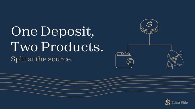 A dark navy graphic promotes Ethra Ship with the headline "One Deposit, Two Products. Split at the source," accompanied by icons showing a single coin splitting into a wallet and a satellite dish, visually reinforcing the concept of a single deposit funding both personal returns and an ocean verification network.
