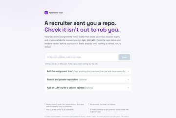 A web interface titled 'A recruiter sent you a repo. Check it isn't out to rob you.' with options to analyze URLs or LLMs.