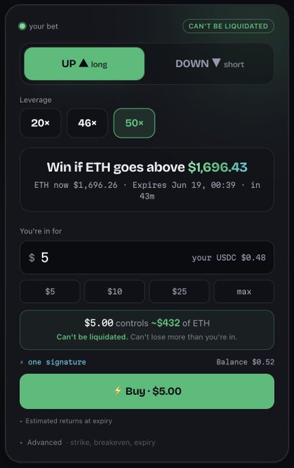 The image shows an app interface that displays information about how much someone could potentially gain from trading eth coins, specifically ether (ETH), for fiat currency such as US dollars. The interface features buttons with text such as "Up", "Long", "Down", "Short" and "LIMIT". These buttons are arranged on a black background, providing contrast against the white text displayed above them. The app description includes details about the amount of ether that someone could potentially gain from trading eth coins for US dollars, along with a price range of $5 to $5,000 per coin. The layout and design suggest an educational tool or a platform where users can learn more about how to trade cryptocurrencies like eth coins for fiat currency effectively.