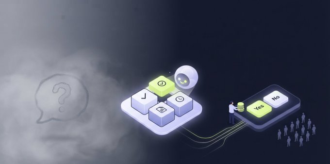 A digital illustration showing a thought bubble with a question mark, a small robot, a decision interface with Yes/No buttons, and people figures.