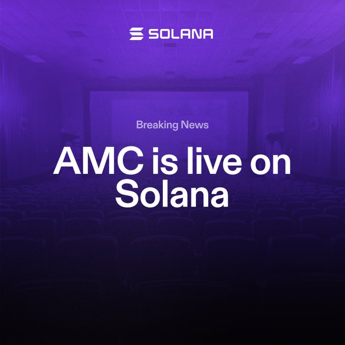 A purple-tinted graphic featuring the Solana logo at the top announces "Breaking News: AMC is live on Solana," visually reinforcing the announcement that AMC has been tokenized and issued on the Solana blockchain via Sunrise and Backpack Securities.