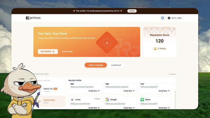 A screenshot of the Primus social-powered dTLS dashboard shows an orange “Your Data, Your Asset” panel with a “Get Started” button, a Reputation Score of 120 with 12 Rewards, and an Identity Tasks section. The post explains that users can farm Primus Labs points through wallet connection and task completion, with points later converted into a token airdrop at TGE.