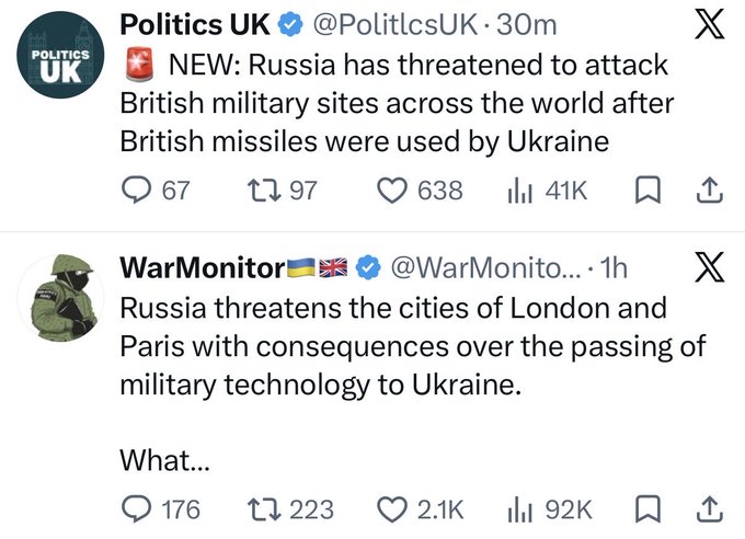Two Twitter posts, one from "Politics UK" and another from "WarMonitor", show Russia threatening British and European targets over military aid to Ukraine, illustrating a narrative gaining traction. The "Politics UK" post reports Russia threatening British military sites after British missiles were used by Ukraine, while "WarMonitor" claims Russia is threatening London and Paris with consequences over military technology passed to Ukraine.