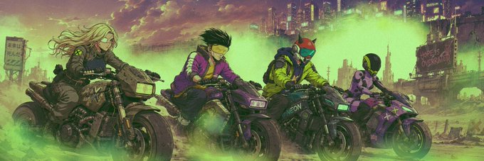 Four anime-style characters ride motorcycles through a green, smoky cityscape with billboards in the background.