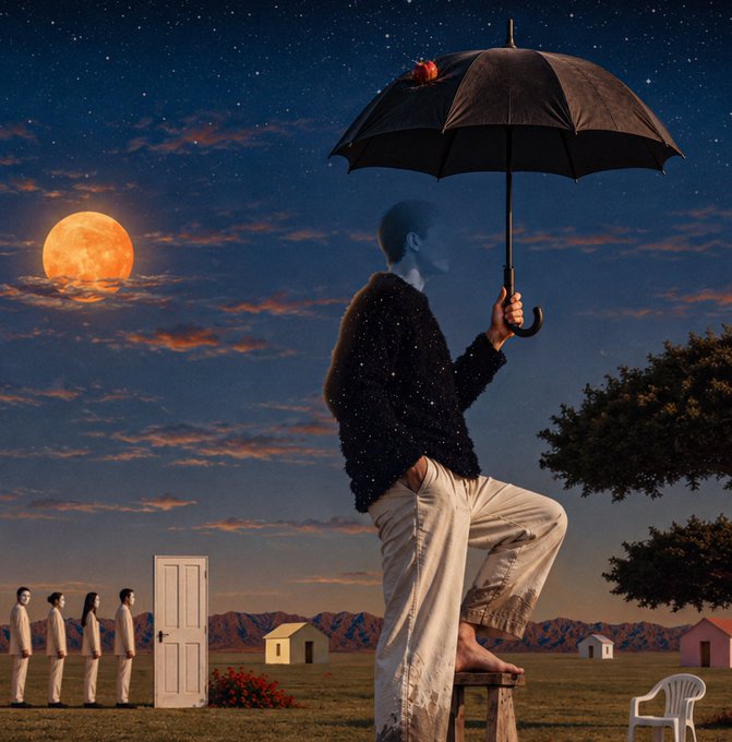 A surreal collage shows a barefoot figure in a starry sweater holding an umbrella beneath a starry night sky with a glowing orange moon, while a group of small people stand before an open door in a desert landscape dotted with tiny houses—evoking a dreamlike, otherworldly atmosphere fitting for a limited NFT drop.