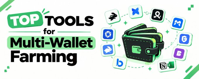 A promotional banner titled "Top Tools for Multi-Wallet Farming" featuring an illustrated wallet surrounded by various app and browser icons (including X, MetaMask, and others), visually highlighting the listed tools like Rabby, AdsPower, Multilogin, and MoreLogin for managing multiple crypto wallets.
