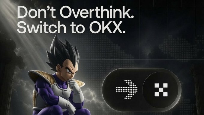 The image features a promotional advertisement for OKX with the tagline "Don't Overthink. Switch to OKX." It shows the character Vegeta from Dragon Ball Z in a thinking pose, alongside OKX's logo, visually reinforcing the post's message about users migrating to the regulated OKX exchange ahead of the July 1 EU compliance deadline.