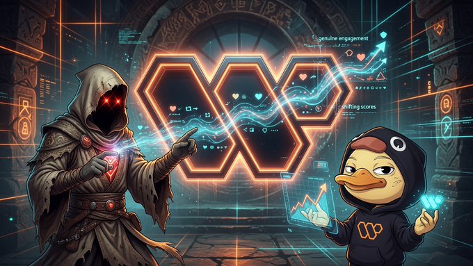 A digital illustration featuring a hooded figure with glowing red eyes pointing at a neon 'X' symbol, alongside a cartoon duck character holding a glowing device, with text about 'engagement' and 'shifting scores'.