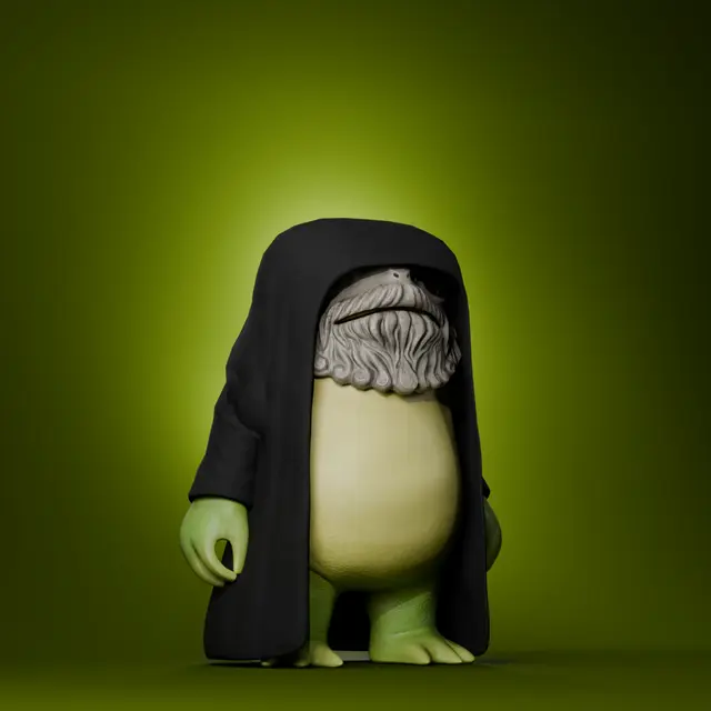 A 3D-rendered figurine of a hooded green creature with a grey beard and black cloak stands against a gradient olive-green background.