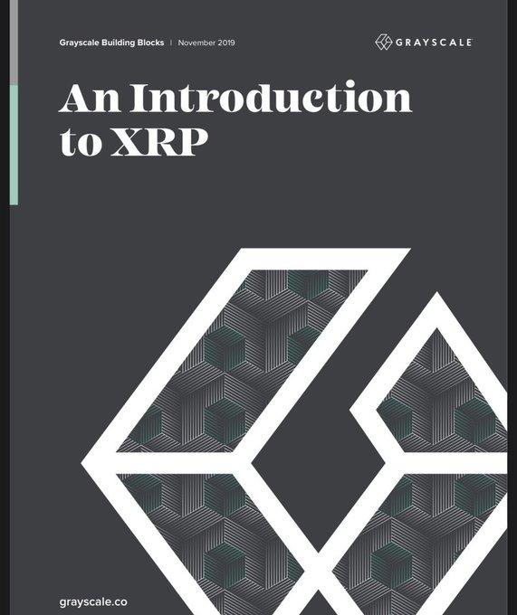 The image shows the cover of a Grayscale "Building Blocks" report titled "An Introduction to XRP," dated November 2019, featuring a dark design with geometric cube graphics and the Grayscale logo at the top. This aligns with the post "Grayscale XRP Documented," referencing Grayscale's published educational document about XRP.