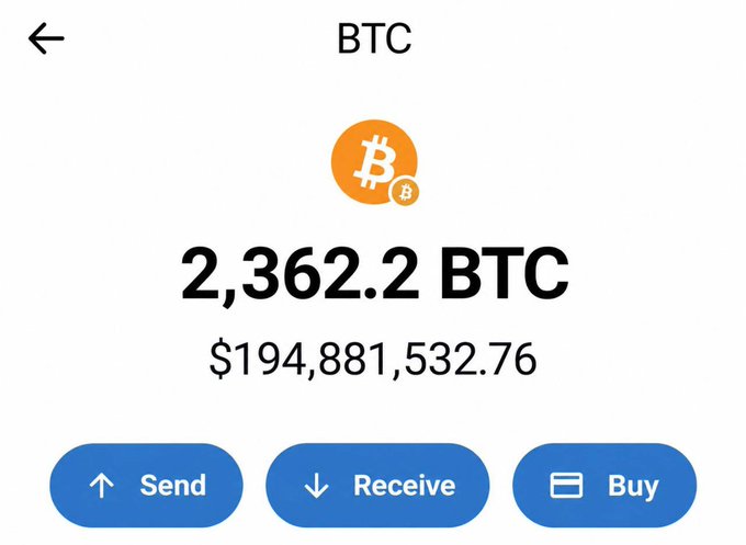 A screenshot displays a Bitcoin wallet balance of 2,362.2 BTC ($194,881,532.76) with options to Send, Receive, or Buy, visually mocking the social media giveaway by contrasting the modest promised $10,000 against the massive crypto holdings of the account holder (@nexocooker).