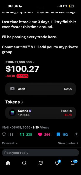 A screenshot of a social media post about a $100 to $100,000 trading challenge on Solana, showing a current balance of $100.27, with a prompt to comment 'ME' to join a private group.