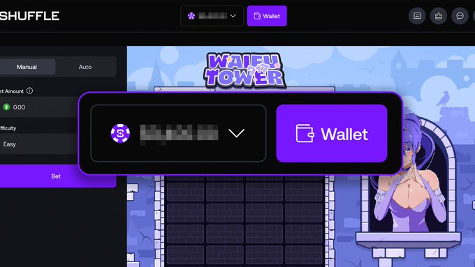 The image shows the Shuffle gambling platform with a "Waifu Tower" game displayed, featuring a blurred username and a purple "Wallet" button. The post appears to promote a balance guessing game, where users can win $100 or $200 by guessing an intern's crypto balance on the platform.