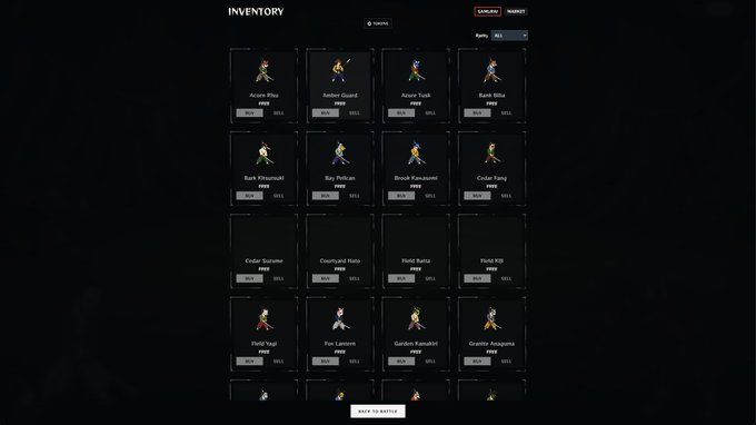 A dark-themed inventory screen titled "INVENTORY" displays a grid of NFT samurai cards labeled with names like "Azura Riku," "Amber Guard," "Cedar Tsurume," and "Crusified Rain," each marked "SOLD OUT," confirming the post's announcement of the sold-out first phase and teasing the upcoming marketplace release.