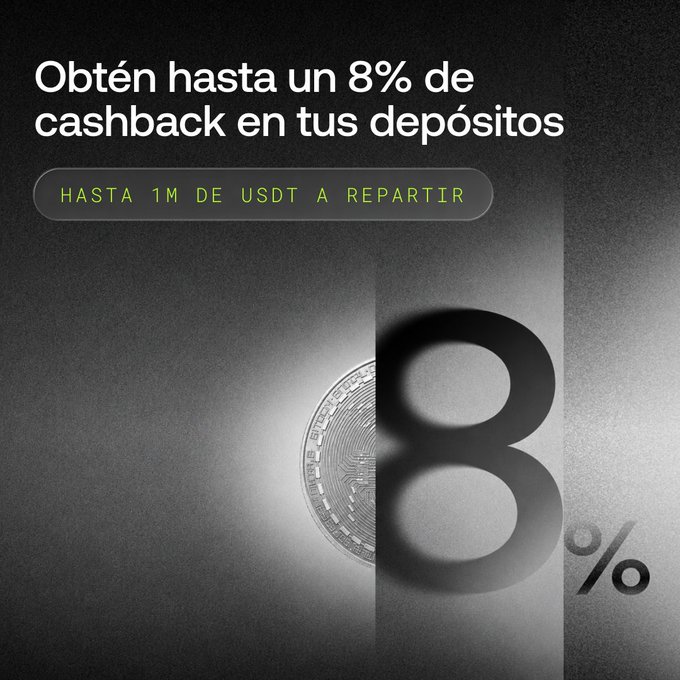 A dark-themed promotional graphic in Spanish reading 'Obtén hasta un 8% de cashback en tus depósitos' with 'HASTA 1M DE USDT A REPARTIR' and a large '8%' overlaid on a coin.