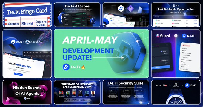 The image features a poster with various images of different objects, including a clock, a keyboard, and a cell phone. The poster also contains text that reads "April-May Development Update" and "Two months. Zero slowing down. Partnerships with @GeckoTerminal, @SushiSwap and @QuickswapDEX".