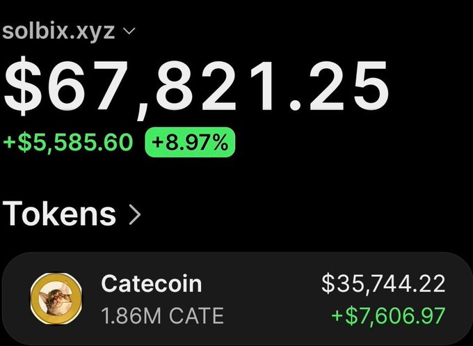 A screenshot from solbix.xyz displays a portfolio value of $67,821.25, up +$5,585.60 (+8.97%), with the "Tokens" section highlighting a holding of 1.86M Catecoin (CATE) valued at $35,744.22 (+$7,606.97). The image visually supports the post's claim of substantial profit on $Cate, showing the still-held token position that contributes to the overall gains.