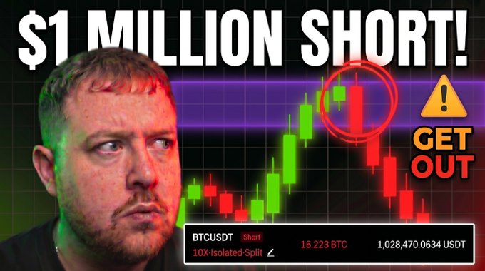The image presents a man with a beard looking at the price chart of Bitcoin with a $1 million limit, and a warning that says "BITCOIN HUGE TRAP INCOMING!!! I'M $1 MILLION SHORT NOW!!! Comment on the video to win $100 See Why I'm $1M Short youtube.com/watch?v=DMSmub". The man is shown in detail with his facial features clearly visible and he appears to be taking a closer look at the chart, possibly contemplating whether it's worth investing in Bitcoin or if there are any risks involved.