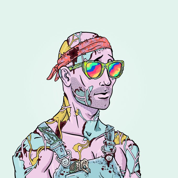 A colorful digital illustration of a pale, zombie-like man wearing rainbow sunglasses, a red bandana, and denim overalls, with green slime and a knife.