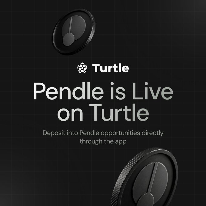 The image features a black background with two coins, one of which has a "Pendle" written on it. The text above the coins reads "Pendle is live on Turtle". Below the coins, there's some text that says "deposit into Pendle opportunities directly through the app." This suggests that the coins are related to the cryptocurrency market and can be used as an investment opportunity for users of the Turtle app.