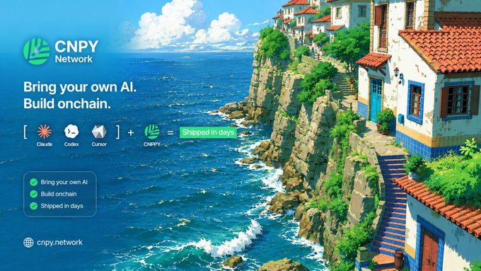A coastal cliffside village advertisement for CNPY Network features the tagline "Bring your own AI. Build onchain," highlighting compatibility with Claude, Codex, and Cursor platforms for rapid deployment. The post relates to the image by promoting CNPY Network's Veritas community notes tool, now available as a virtual chain on Canopy, emphasizing its trustworthy fact-checking capabilities for private servers.