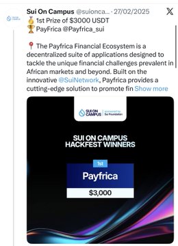 A Twitter/X post from @suionca_ dated 27/02/2025 announces winning '1st Prize of $3000 USDT' in the 'Payfrica #Payfrica_sul' contest, describing Payfrica as a decentralized suite of applications built on the Sui Network.