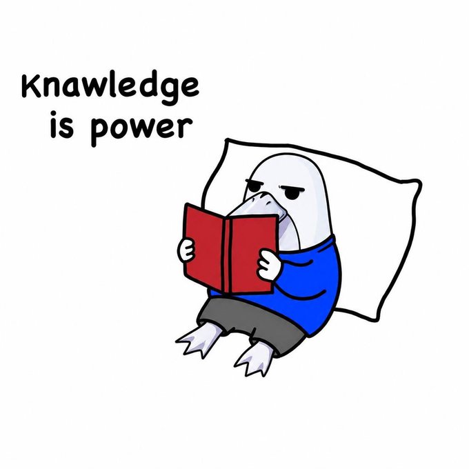 A cartoon figure reclines against a pillow reading a red book, with the playful misspelled text "Knawledge is power" displayed above. The image ties into the post's message about "working on something" by humorously suggesting the author is gaining knowledge/learning before sharing their project with the community.