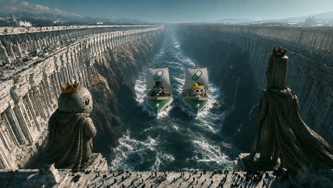 Two anthropomorphized wooden chess king figures, wearing crowns and boat-like hulls, sail down a narrow canyon channel flanked by towering ancient walls. The whimsical image appears to personify the crypto traders "Cupsey" and "a1lon9" as rival king-pieces navigating a dramatic sea passage, fitting the playful tone of the post.