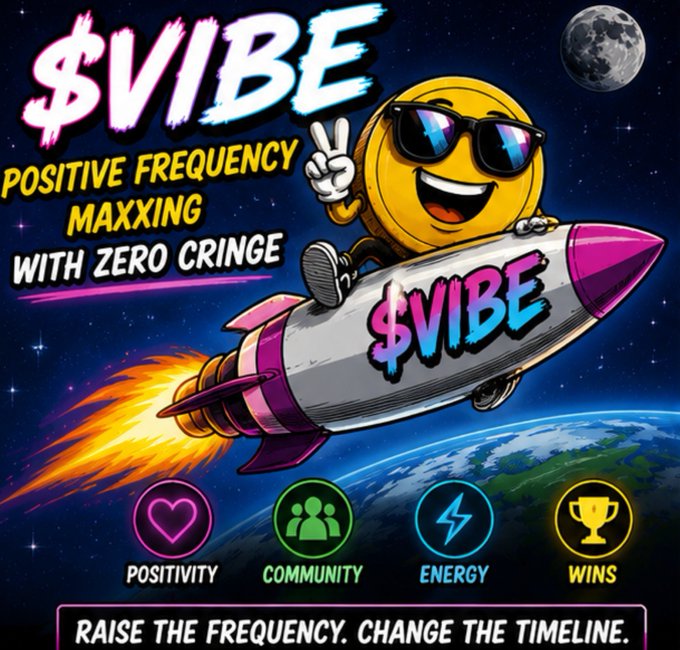 A meme-style promotional image for '$VIBE' featuring a sunglasses-wearing coin character riding a rocket with the tagline 'POSITIVE FREQUENCY MAXXING WITH ZERO CRINGE'.