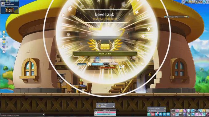 A screenshot from the game MapleStory showing a character celebrating reaching 'Level 250' with a bright golden glow and the message 'Reach Lv. 250'.