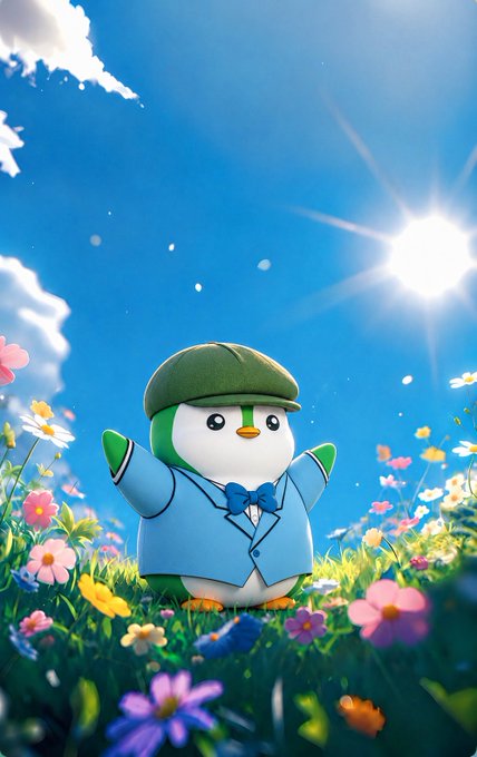 A cute penguin-like character wearing a green beret and a blue suit with a bow tie stands in a vibrant field of colorful flowers under a bright sun and blue sky.