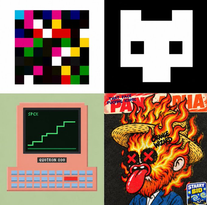 A collage of four crypto meme images including colorful pixel art, a white skull-like logo, a vintage pink computer displaying "$PCK" on a "QUOTRON 800", and a flaming "ORANGE WIZARD" character.