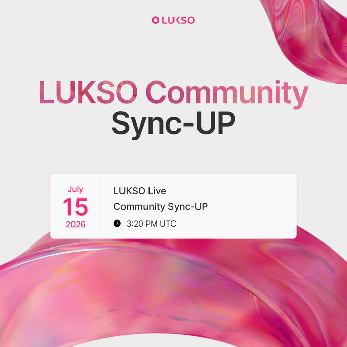 A promotional graphic for the "LUKSO Community Sync-UP" featuring the LUKSO logo and event details: July 15, 2026, at 3:20 PM UTC, labeled as "LUKSO Live," styled with pink fluid design elements on a light background. The image visually reinforces the post's announcement of the upcoming ecosystem update and community Q&A session.