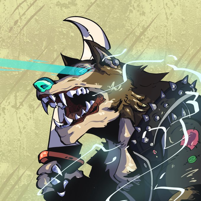 A fierce, spiky-armored reptilian creature snarls aggressively with sharp teeth bared, emitting a glowing teal beam from its eye—evoking the aggressive, predatory spirit of the "FANG" token launch being promoted in the post. The artwork's bold, monstrous energy visually reinforces the post's call for community engagement and collaboration opportunities ahead of the upcoming launch.
