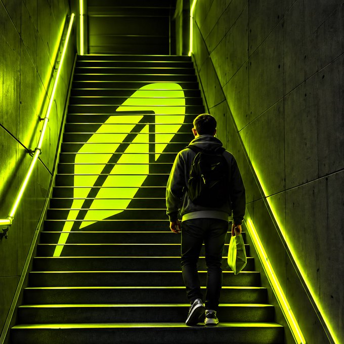 A person with a backpack and shopping bag walks up a dimly lit concrete staircase illuminated by bright green neon lights, with a large stylized green logo projected onto the steps.